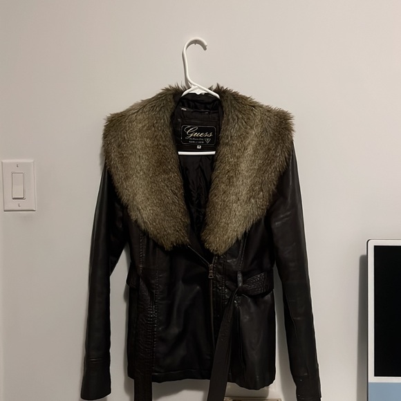 Guess Kason Faux Leather Coat with Fur Trim - Picture 2 of 2